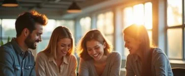 Ein lichtdurchflutetes, modernes Büro mit freundlichen Mitarbeitenden, die konzentriert an Tablets und Laptops zusammenarbeiten, während warmes Tageslicht durch große Fenster fällt und die Atmosphäre von technologischer Innovation und menschlicher Verbundenheit erzählt.