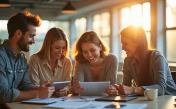 Ein lichtdurchflutetes, modernes Büro mit freundlichen Mitarbeitenden, die konzentriert an Tablets und Laptops zusammenarbeiten, während warmes Tageslicht durch große Fenster fällt und die Atmosphäre von technologischer Innovation und menschlicher Verbundenheit erzählt.