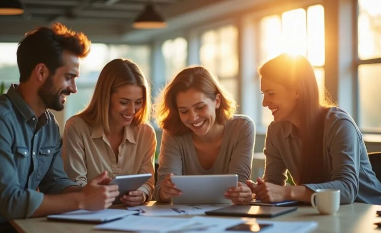 Ein lichtdurchflutetes, modernes Büro mit freundlichen Mitarbeitenden, die konzentriert an Tablets und Laptops zusammenarbeiten, während warmes Tageslicht durch große Fenster fällt und die Atmosphäre von technologischer Innovation und menschlicher Verbundenheit erzählt.