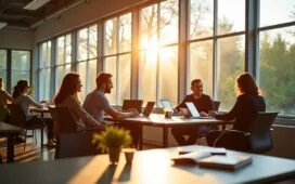 Ein sonnendurchflutetes, modernes Büro mit entspannten Fachleuten in lebhaftem Austausch vor großen Fenstern, die viel Tageslicht hereinlassen und eine warme, kooperative Atmosphäre schaffen – Sinnbild für die Balance zwischen Sicherheit und Bürokratie in der digitalen Arbeitswelt.