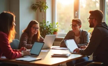 Ein strahlend helles, warm beleuchtetes Arbeitszimmer mit jungen Studierenden und Lehrenden, die konzentriert an Laptops und Notizbüchern sitzen, natürliches Tageslicht fällt sanft durch ein großes Fenster, freundliche Gesichter im Austausch über moderne KI-gestützte Lerntechnologien.