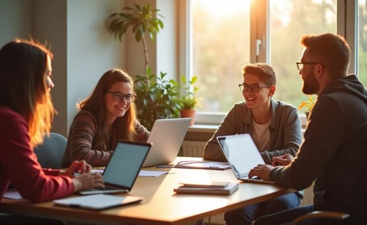Ein strahlend helles, warm beleuchtetes Arbeitszimmer mit jungen Studierenden und Lehrenden, die konzentriert an Laptops und Notizbüchern sitzen, natürliches Tageslicht fällt sanft durch ein großes Fenster, freundliche Gesichter im Austausch über moderne KI-gestützte Lerntechnologien.