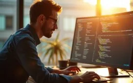 Ein lichtdurchflutetes, modern eingerichtetes Büro mit einem konzentriert lächelnden Webentwickler, der vor einem großen Monitor die elegante Struktur eines Java-Codes überprüft, während warme Sonnenstrahlen durch das Fenster fallen und eine einladende, professionelle Atmosphäre voller Zuversicht und Innovationskraft schaffen.