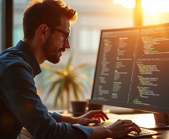 Ein lichtdurchflutetes, modern eingerichtetes Büro mit einem konzentriert lächelnden Webentwickler, der vor einem großen Monitor die elegante Struktur eines Java-Codes überprüft, während warme Sonnenstrahlen durch das Fenster fallen und eine einladende, professionelle Atmosphäre voller Zuversicht und Innovationskraft schaffen.