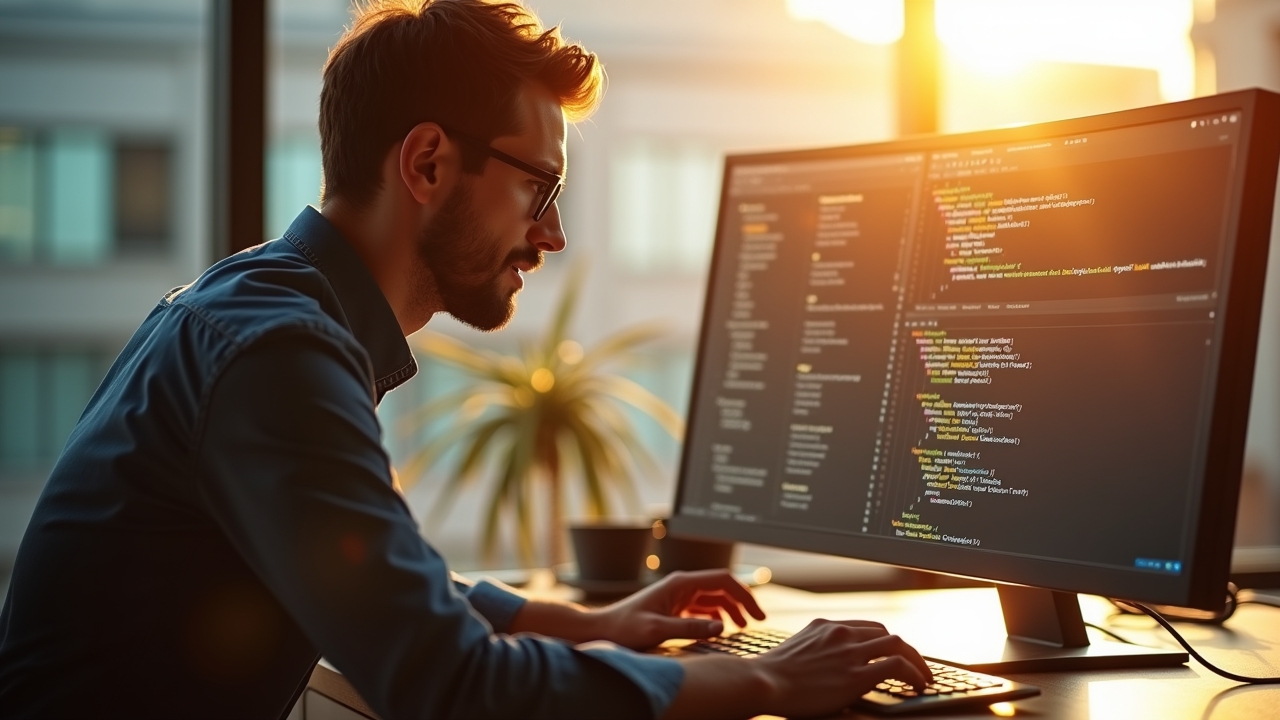 Ein lichtdurchflutetes, modern eingerichtetes Büro mit einem konzentriert lächelnden Webentwickler, der vor einem großen Monitor die elegante Struktur eines Java-Codes überprüft, während warme Sonnenstrahlen durch das Fenster fallen und eine einladende, professionelle Atmosphäre voller Zuversicht und Innovationskraft schaffen.