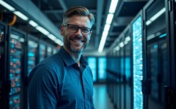 In einem modern gestalteten, lichtdurchfluteten Rechenzentrum strahlt eine Reihe hochmoderner, leuchtender GPU-Server unter natürlichem Tageslicht, während im Vordergrund ein nachdenklich lächelnder IT-Spezialist mit warmem Ausdruck und konzentriertem Blick die komplexe Technik inspiziert.