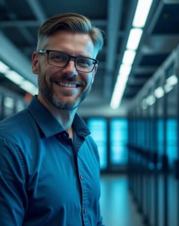 In einem modern gestalteten, lichtdurchfluteten Rechenzentrum strahlt eine Reihe hochmoderner, leuchtender GPU-Server unter natürlichem Tageslicht, während im Vordergrund ein nachdenklich lächelnder IT-Spezialist mit warmem Ausdruck und konzentriertem Blick die komplexe Technik inspiziert.