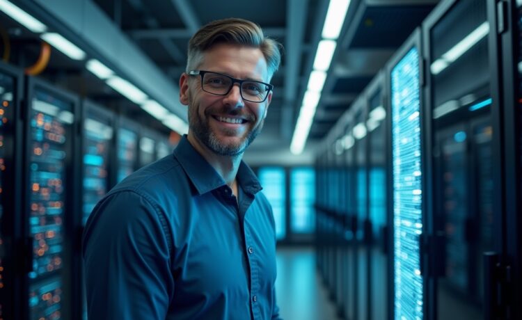 In einem modern gestalteten, lichtdurchfluteten Rechenzentrum strahlt eine Reihe hochmoderner, leuchtender GPU-Server unter natürlichem Tageslicht, während im Vordergrund ein nachdenklich lächelnder IT-Spezialist mit warmem Ausdruck und konzentriertem Blick die komplexe Technik inspiziert.