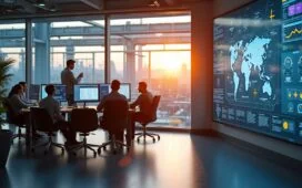 Ein strahlend helles, modern eingerichtetes Industrie-Büro mit warmem Tageslicht, in dem ein engagiertes Team aus Ingenieuren und IT-Experten unterschiedliche Bildschirme mit komplexen KI-Daten, Cloud-Diagrammen und digitalen Zwillingen analysiert, während große Fenster den Blick auf eine futuristische Fabrikanlage freigeben und so den Aufbruch Deutschlands in die innovative Welt der industriellen Künstlichen Intelligenz symbolisieren.