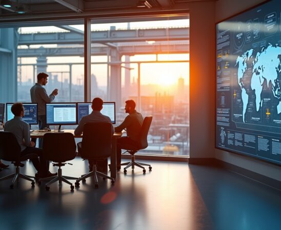 Ein strahlend helles, modern eingerichtetes Industrie-Büro mit warmem Tageslicht, in dem ein engagiertes Team aus Ingenieuren und IT-Experten unterschiedliche Bildschirme mit komplexen KI-Daten, Cloud-Diagrammen und digitalen Zwillingen analysiert, während große Fenster den Blick auf eine futuristische Fabrikanlage freigeben und so den Aufbruch Deutschlands in die innovative Welt der industriellen Künstlichen Intelligenz symbolisieren.