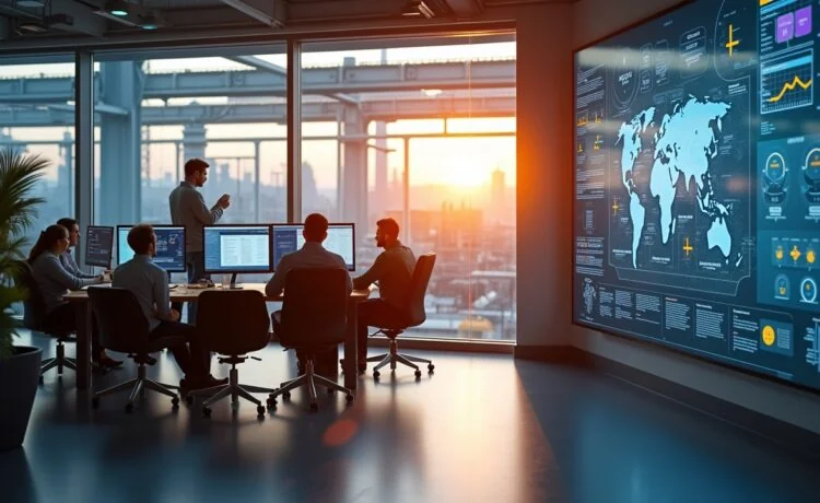 Ein strahlend helles, modern eingerichtetes Industrie-Büro mit warmem Tageslicht, in dem ein engagiertes Team aus Ingenieuren und IT-Experten unterschiedliche Bildschirme mit komplexen KI-Daten, Cloud-Diagrammen und digitalen Zwillingen analysiert, während große Fenster den Blick auf eine futuristische Fabrikanlage freigeben und so den Aufbruch Deutschlands in die innovative Welt der industriellen Künstlichen Intelligenz symbolisieren.