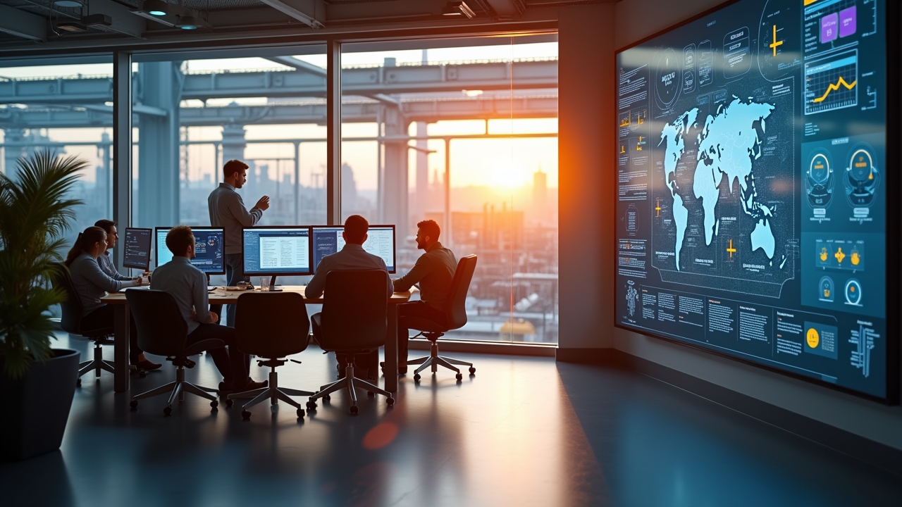 Ein strahlend helles, modern eingerichtetes Industrie-Büro mit warmem Tageslicht, in dem ein engagiertes Team aus Ingenieuren und IT-Experten unterschiedliche Bildschirme mit komplexen KI-Daten, Cloud-Diagrammen und digitalen Zwillingen analysiert, während große Fenster den Blick auf eine futuristische Fabrikanlage freigeben und so den Aufbruch Deutschlands in die innovative Welt der industriellen Künstlichen Intelligenz symbolisieren.