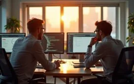 In einem modernen, lichtdurchfluteten Büro mit warmem Sonnenschein sitzen lächelnde IT-Profis konzentriert vor mehreren Bildschirmen, auf denen offene Quellcodes und Hosting-Dashboards zu sehen sind, während eine entspannte und kollegiale Atmosphäre die innovative Kraft von Open Source im Hosting eindrucksvoll widerspiegelt.