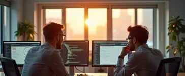 In einem modernen, lichtdurchfluteten Büro mit warmem Sonnenschein sitzen lächelnde IT-Profis konzentriert vor mehreren Bildschirmen, auf denen offene Quellcodes und Hosting-Dashboards zu sehen sind, während eine entspannte und kollegiale Atmosphäre die innovative Kraft von Open Source im Hosting eindrucksvoll widerspiegelt.