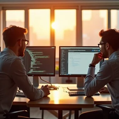 In einem modernen, lichtdurchfluteten Büro mit warmem Sonnenschein sitzen lächelnde IT-Profis konzentriert vor mehreren Bildschirmen, auf denen offene Quellcodes und Hosting-Dashboards zu sehen sind, während eine entspannte und kollegiale Atmosphäre die innovative Kraft von Open Source im Hosting eindrucksvoll widerspiegelt.