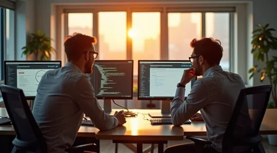 In einem modernen, lichtdurchfluteten Büro mit warmem Sonnenschein sitzen lächelnde IT-Profis konzentriert vor mehreren Bildschirmen, auf denen offene Quellcodes und Hosting-Dashboards zu sehen sind, während eine entspannte und kollegiale Atmosphäre die innovative Kraft von Open Source im Hosting eindrucksvoll widerspiegelt.