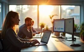 In einem lichtdurchfluteten modernen Büro sitzen Mitarbeitende konzentriert an Laptops, umgeben von klar strukturierten Dokumenten und digitalen Projektplänen auf Bildschirmen, während warmes Tageslicht durch große Fenster fällt und eine freundliche, vertrauensvolle Atmosphäre moderner, sicherer Zusammenarbeit im öffentlichen Sektor schafft.