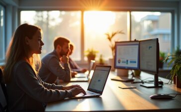 In einem lichtdurchfluteten modernen Büro sitzen Mitarbeitende konzentriert an Laptops, umgeben von klar strukturierten Dokumenten und digitalen Projektplänen auf Bildschirmen, während warmes Tageslicht durch große Fenster fällt und eine freundliche, vertrauensvolle Atmosphäre moderner, sicherer Zusammenarbeit im öffentlichen Sektor schafft.