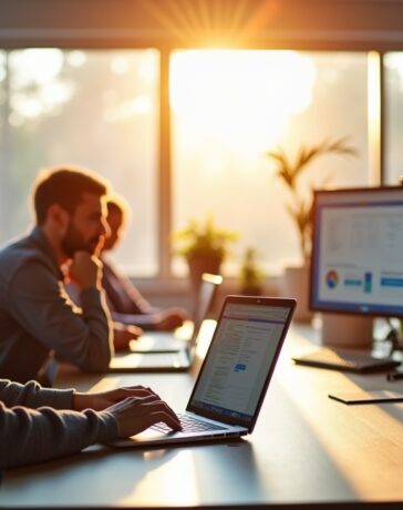 In einem lichtdurchfluteten modernen Büro sitzen Mitarbeitende konzentriert an Laptops, umgeben von klar strukturierten Dokumenten und digitalen Projektplänen auf Bildschirmen, während warmes Tageslicht durch große Fenster fällt und eine freundliche, vertrauensvolle Atmosphäre moderner, sicherer Zusammenarbeit im öffentlichen Sektor schafft.