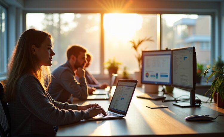 In einem lichtdurchfluteten modernen Büro sitzen Mitarbeitende konzentriert an Laptops, umgeben von klar strukturierten Dokumenten und digitalen Projektplänen auf Bildschirmen, während warmes Tageslicht durch große Fenster fällt und eine freundliche, vertrauensvolle Atmosphäre moderner, sicherer Zusammenarbeit im öffentlichen Sektor schafft.