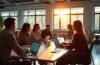 Eine helle, einladende Aufnahme in einem modernen, offenen Büroraum, in der ein vielfältiges Team von Entwicklerinnen und Entwicklern bei lebhafter, kollegialer Diskussion um einen großen Tisch mit Laptops und Notizen versammelt ist, während warmes Tageslicht durch große Fenster fällt und eine Atmosphäre von gemeinsamer Innovation, Transparenz und engagierter Zusammenarbeit schafft.