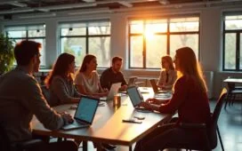 Eine helle, einladende Aufnahme in einem modernen, offenen Büroraum, in der ein vielfältiges Team von Entwicklerinnen und Entwicklern bei lebhafter, kollegialer Diskussion um einen großen Tisch mit Laptops und Notizen versammelt ist, während warmes Tageslicht durch große Fenster fällt und eine Atmosphäre von gemeinsamer Innovation, Transparenz und engagierter Zusammenarbeit schafft.