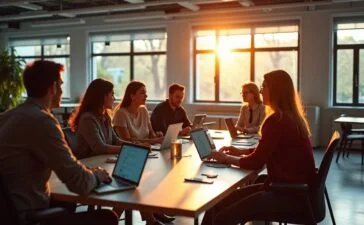 Eine helle, einladende Aufnahme in einem modernen, offenen Büroraum, in der ein vielfältiges Team von Entwicklerinnen und Entwicklern bei lebhafter, kollegialer Diskussion um einen großen Tisch mit Laptops und Notizen versammelt ist, während warmes Tageslicht durch große Fenster fällt und eine Atmosphäre von gemeinsamer Innovation, Transparenz und engagierter Zusammenarbeit schafft.