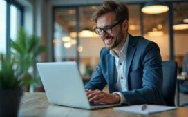 In einem modernen, lichtdurchfluteten Büro konzentriert ein sympathisch lächelnder Data Scientist mit offenem Laptop und Touchscreen-Visualisierungen hochkomplexer Finanzzeitreihen – umgeben von diskreten Elementen wie Glasflaschen, Pflanzen und sanftem Tageslicht, das eine einladende Atmosphäre kollaborativer Innovation und transparenter Open-Source-Technologie in der Finanzwelt vermittelt.