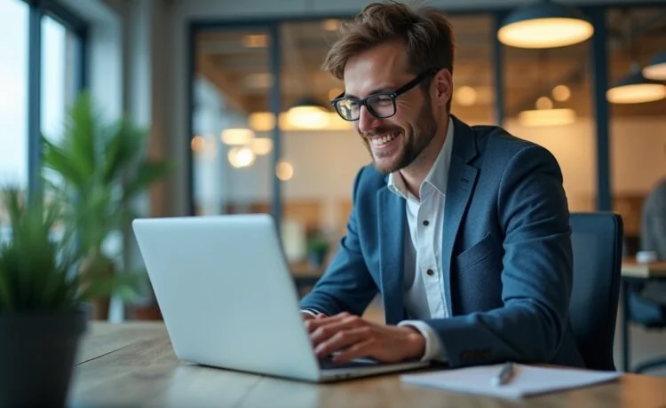 In einem modernen, lichtdurchfluteten Büro konzentriert ein sympathisch lächelnder Data Scientist mit offenem Laptop und Touchscreen-Visualisierungen hochkomplexer Finanzzeitreihen – umgeben von diskreten Elementen wie Glasflaschen, Pflanzen und sanftem Tageslicht, das eine einladende Atmosphäre kollaborativer Innovation und transparenter Open-Source-Technologie in der Finanzwelt vermittelt.