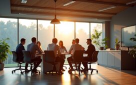 Ein modernes, lichtdurchflutetes Büro mit jungen, engagierten Fachleuten, die bei einer lebendigen Besprechung um einen Tisch sitzen, umgeben von großen Fenstern, warmen Holzakzenten und natürlichem Tageslicht, das eine Atmosphäre von Zuversicht und dynamischem Fortschritt ausstrahlt.