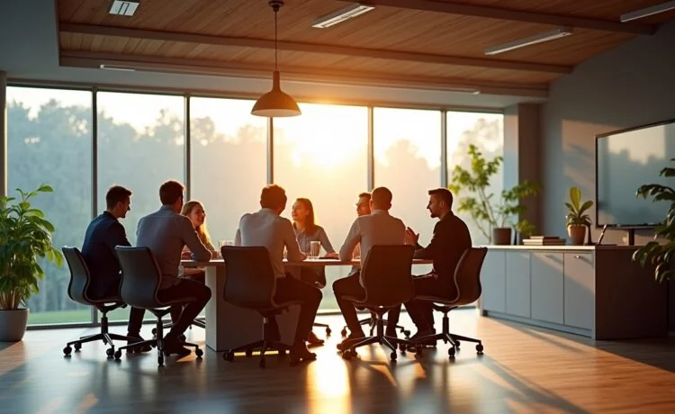 Ein modernes, lichtdurchflutetes Büro mit jungen, engagierten Fachleuten, die bei einer lebendigen Besprechung um einen Tisch sitzen, umgeben von großen Fenstern, warmen Holzakzenten und natürlichem Tageslicht, das eine Atmosphäre von Zuversicht und dynamischem Fortschritt ausstrahlt.