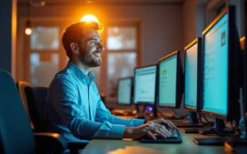 Ein hell erleuchtetes, modernes IT-Büro mit einem lächelnden Administrator vor mehreren Windows-Serverbildschirmen, umgeben von natürlichem Sonnenlicht und warmen Holztönen, das konzentrierte Arbeiten an automatisierten Prozesssteuerungen und effizienter Energieverwaltung symbolisiert.