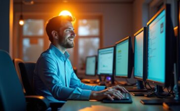 Ein hell erleuchtetes, modernes IT-Büro mit einem lächelnden Administrator vor mehreren Windows-Serverbildschirmen, umgeben von natürlichem Sonnenlicht und warmen Holztönen, das konzentrierte Arbeiten an automatisierten Prozesssteuerungen und effizienter Energieverwaltung symbolisiert.