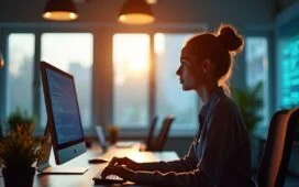 In einem modernen, hell erleuchteten Büro strahlt eine IT-Sicherheits-Expertin konzentriert auf ihren Bildschirm, während sanftes Tageslicht durch großzügige Fenster fällt und die dynamische Atmosphäre einer hochsensiblen Cyberabwehr vermittelt.