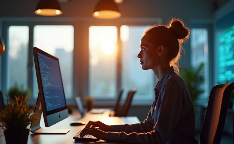 In einem modernen, hell erleuchteten Büro strahlt eine IT-Sicherheits-Expertin konzentriert auf ihren Bildschirm, während sanftes Tageslicht durch großzügige Fenster fällt und die dynamische Atmosphäre einer hochsensiblen Cyberabwehr vermittelt.