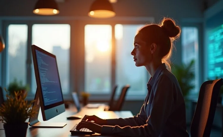 In einem modernen, hell erleuchteten Büro strahlt eine IT-Sicherheits-Expertin konzentriert auf ihren Bildschirm, während sanftes Tageslicht durch großzügige Fenster fällt und die dynamische Atmosphäre einer hochsensiblen Cyberabwehr vermittelt.