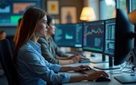 Eine helle, freundlich wirkende Büro-Szene mit konzentrierten IT-Expert:innen vor modernen Bildschirmen, die in natürlichem Tageslicht ihre Oracle-Datenbank-Systeme überprüfen, während eine warme, einladende Atmosphäre Sicherheit und Professionalität vermittelt.