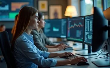 Eine helle, freundlich wirkende Büro-Szene mit konzentrierten IT-Expert:innen vor modernen Bildschirmen, die in natürlichem Tageslicht ihre Oracle-Datenbank-Systeme überprüfen, während eine warme, einladende Atmosphäre Sicherheit und Professionalität vermittelt.