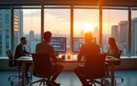 Ein hell erleuchtetes, modernes Büro mit großen Panoramafenstern, in dem ein Team engagierter Fachleute konzentriert an Bildschirmen mit Datenanalysen und KI-Visualisierungen arbeitet, während warme Sonnenstrahlen den Raum durchfluten und eine Atmosphäre von Innovation, Zusammenarbeit und technologischer Zukunft schaffen.