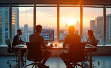 Ein hell erleuchtetes, modernes Büro mit großen Panoramafenstern, in dem ein Team engagierter Fachleute konzentriert an Bildschirmen mit Datenanalysen und KI-Visualisierungen arbeitet, während warme Sonnenstrahlen den Raum durchfluten und eine Atmosphäre von Innovation, Zusammenarbeit und technologischer Zukunft schaffen.