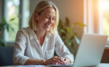 Ein strahlend helles, natürlich beleuchtetes Büro zeigt eine entspannte Person mittleren Alters, die mit einem lächelnden Gesichtsausdruck ihren Laptop entsperrt – im Vordergrund sanfte Details von Fingerabdrucksensoren und biometrischer Technik, die Wärme und Sicherheit in einem modernen digitalen Alltag symbolisieren.