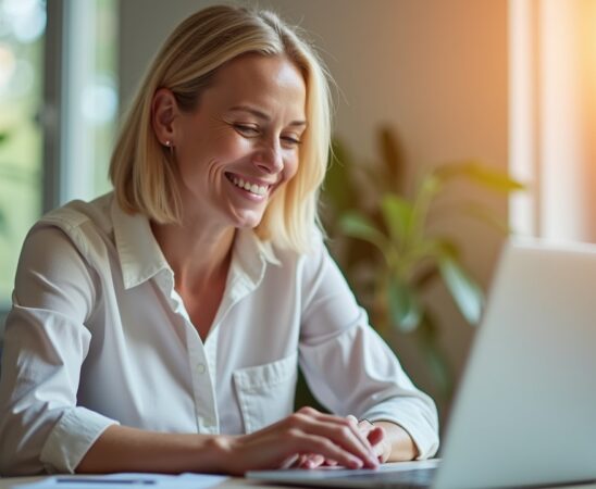 Ein strahlend helles, natürlich beleuchtetes Büro zeigt eine entspannte Person mittleren Alters, die mit einem lächelnden Gesichtsausdruck ihren Laptop entsperrt – im Vordergrund sanfte Details von Fingerabdrucksensoren und biometrischer Technik, die Wärme und Sicherheit in einem modernen digitalen Alltag symbolisieren.