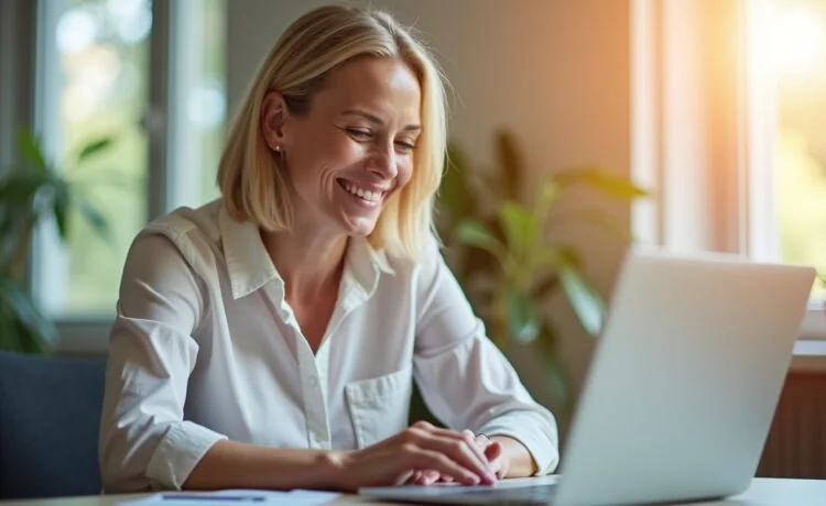 Ein strahlend helles, natürlich beleuchtetes Büro zeigt eine entspannte Person mittleren Alters, die mit einem lächelnden Gesichtsausdruck ihren Laptop entsperrt – im Vordergrund sanfte Details von Fingerabdrucksensoren und biometrischer Technik, die Wärme und Sicherheit in einem modernen digitalen Alltag symbolisieren.