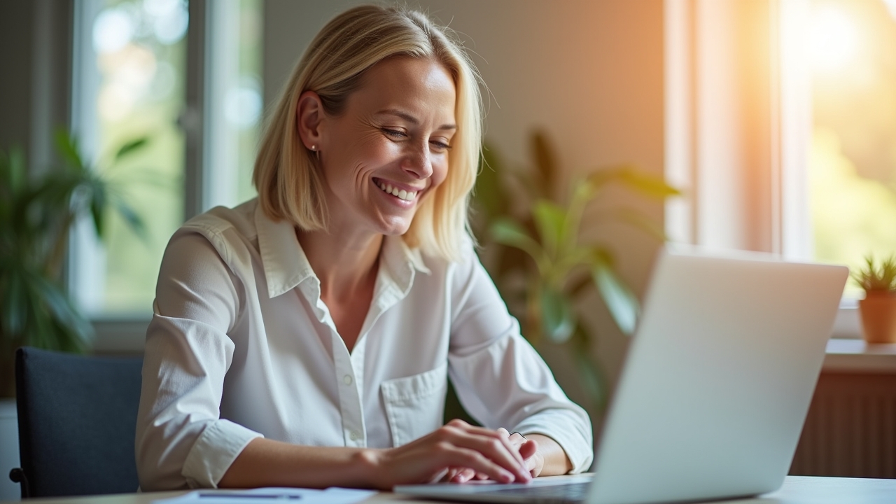 Ein strahlend helles, natürlich beleuchtetes Büro zeigt eine entspannte Person mittleren Alters, die mit einem lächelnden Gesichtsausdruck ihren Laptop entsperrt – im Vordergrund sanfte Details von Fingerabdrucksensoren und biometrischer Technik, die Wärme und Sicherheit in einem modernen digitalen Alltag symbolisieren.