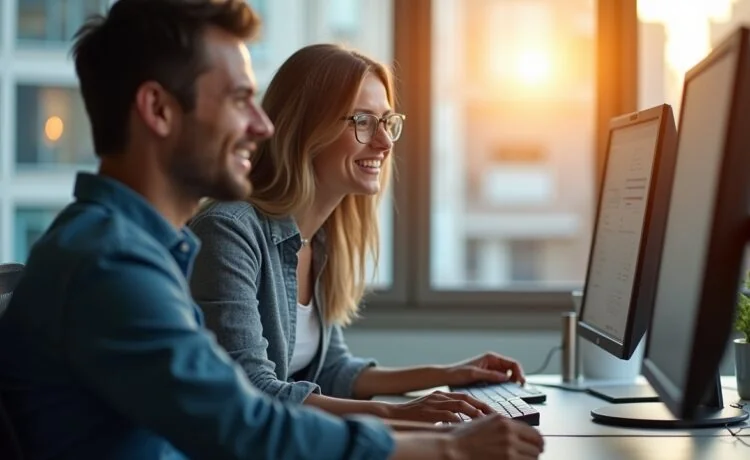 In einem modernen, hell erleuchteten Büro arbeitet ein lächelndes, teamorientiertes Mitarbeiter-Duo konzentriert vor mehreren Bildschirmen mit übersichtlichen Passwortmanagern, umgeben von warmem Tageslicht und einer freundlichen, produktiven Atmosphäre, die Vertrauen und Sicherheit im digitalen Arbeitsumfeld vermittelt.