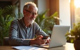 Eine warm beleuchtete, helle Aufnahme eines entspannten Bankkunden mittleren Alters, der am sonnendurchfluteten Schreibtisch mit Laptop und Smartphone sorgfältig seine Kontodaten prüft, umgeben von grünen Pflanzen und freundlicher Wohnatmosphäre, die Sicherheit und Achtsamkeit im digitalen Alltag ausstrahlt.