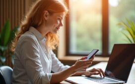 Ein sonnendurchflutetes, modernes Büro mit konzentrierter Frau vor Laptop, natürliches Licht betont warmes Holz und grüne Pflanzen, während ein Smartphone mit einer geöffneten Banking-App dezent im Vordergrund liegt – symbolisch für Wachsamkeit gegen digitale Phishing-Betrügereien.