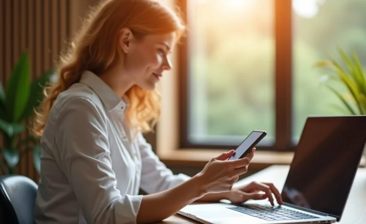Ein sonnendurchflutetes, modernes Büro mit konzentrierter Frau vor Laptop, natürliches Licht betont warmes Holz und grüne Pflanzen, während ein Smartphone mit einer geöffneten Banking-App dezent im Vordergrund liegt – symbolisch für Wachsamkeit gegen digitale Phishing-Betrügereien.