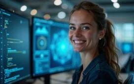 In einem modernen, hell erleuchteten Büro strahlt eine junge, konzentrierte IT-Sicherheitsfachfrau mit freundlichem Lächeln dem Betrachter entgegen, während im Hintergrund dezent Bildschirme mit komplexen Daten und digitalen Netzwerken sichtbar sind – ein inspirierendes Sinnbild für die smarte Verteidigung gegen KI-gestützte Phishing-Angriffe.