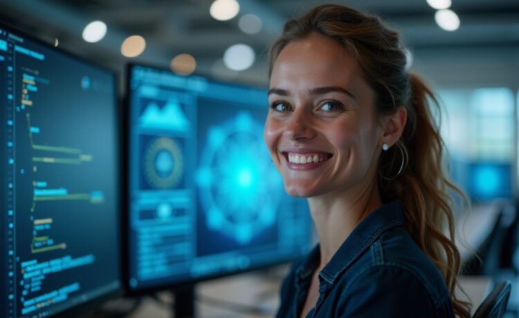 In einem modernen, hell erleuchteten Büro strahlt eine junge, konzentrierte IT-Sicherheitsfachfrau mit freundlichem Lächeln dem Betrachter entgegen, während im Hintergrund dezent Bildschirme mit komplexen Daten und digitalen Netzwerken sichtbar sind – ein inspirierendes Sinnbild für die smarte Verteidigung gegen KI-gestützte Phishing-Angriffe.